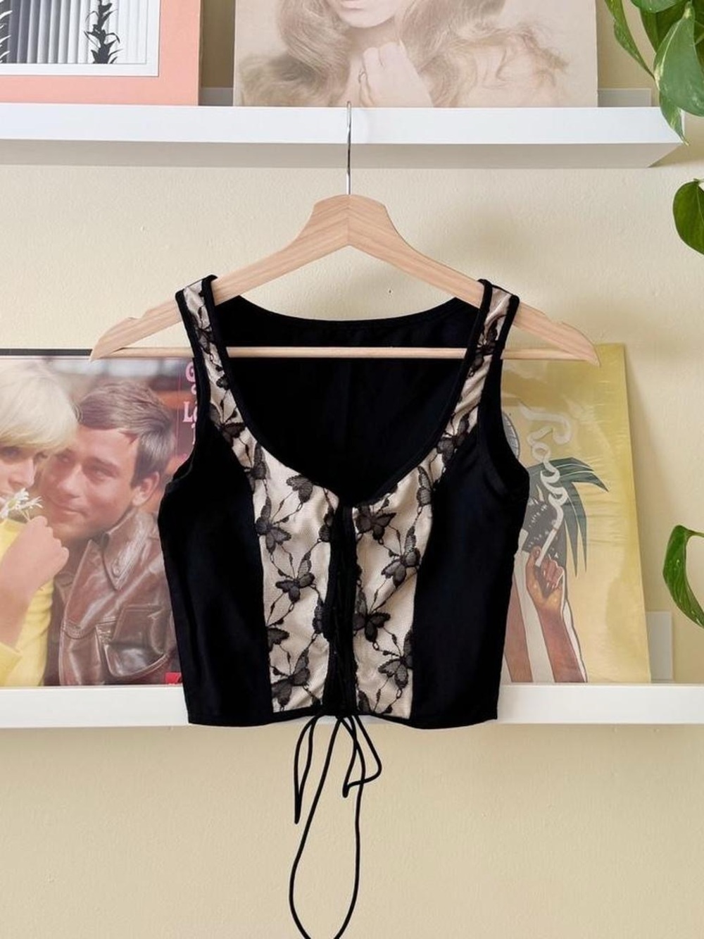 Black Butterfly Lace Tie-Front Crop Top